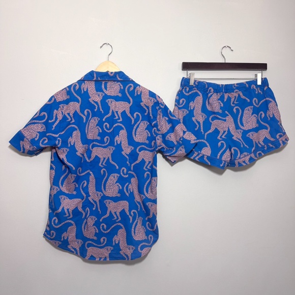 Desmond & Dempsey Monkey Pajama Short Set Chango Blue/Pink Size Large - Picture 5 of 16